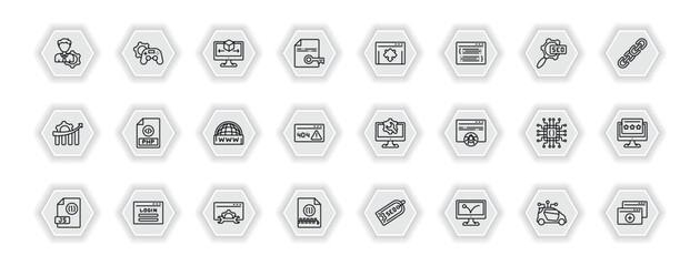 Poster - outline icons set - programming concept. vector icons included seo management, simulation, plugin, php and more.