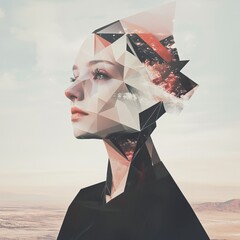 Poster - Abstract Portrait of a Woman with Geometric Pattern and Landscape