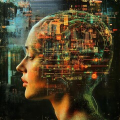 Poster - futuristic portrait of a person with digital brain visualization