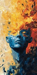 Poster - Surreal Portrait of a Person Surrounded by Colorful Abstract Flames
