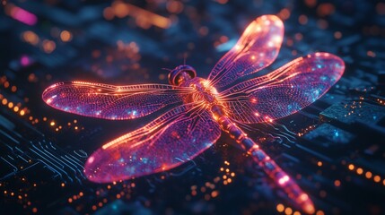 Poster - Luminous Dragonfly on Circuit Board, Tech Background, Digital Art (1)