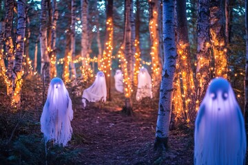 Poster - Enchanted Ghostly Figures in a Magical Forest with Twinkling Lights