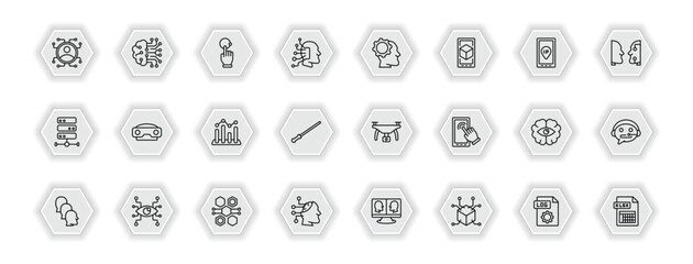 Poster - outline icons set - artificial intelligence concept. vector icons included users, interactivity, teaching, stereoscope and more.