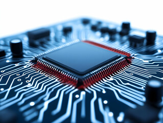 Poster - Close-up of a microchip with intricate circuit board design, showcasing technological advancement and innovation in the electronics industry.