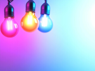 Poster - Colorful light bulbs with vibrant hues suspended against a soft gradient background, perfect for creative projects and design inspiration.