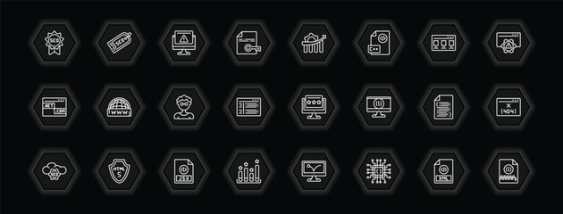 Poster - outline icons set - programming concept. vector icons included seo badge, program error, seo growth, www and more.
