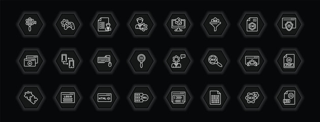 Poster - outline icons set - programming concept. vector icons included seo keywords, seo report, web optimization, cross-platform and more.