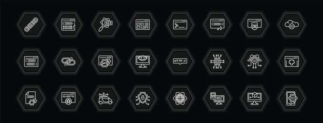 Poster - outline icons set - programming concept. vector icons included hyperlink, seo configuration, code terminal, broken link and more.