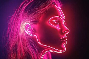 Poster - Neon Light Portrait of a Woman with Vibrant Pink Glow Effects