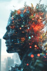 Poster - Profile Portrait of a Human Silhouette Merging with Nature and Technology Against Urban Background