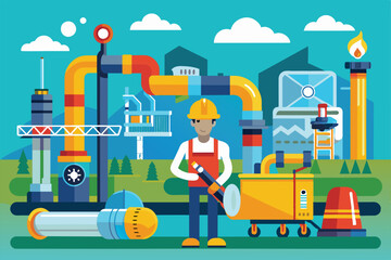 Poster - A maintenance worker is engaged in various pipeline tasks with tools and machinery in a colorful industrial environment, Pipeline maintenance Customizable Flat Illustration