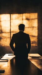 Poster - A man in a suit is sitting at a desk with a window behind him