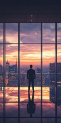 Poster - A man stands in front of a window looking out at the city