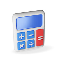 Poster - 3D modern calculator isolated on white. Render mathematics icon. Addition, subtraction, multiplication and division buttons. Arithmetic operations. Financial math device calculate. Vector illustration