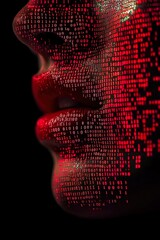 Womans face and red lips covered in binary code over dark background. Generative Ai