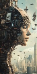 Poster - Futuristic Female Robot Profile Surrounded by Sci-Fi Cityscape