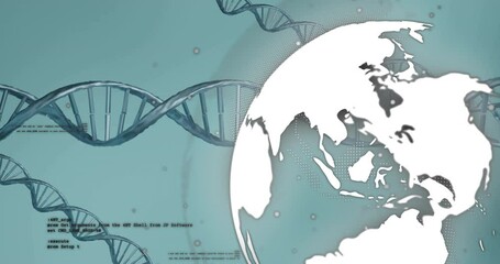 Poster - DNA strands and binary coding animation over globe illustration on teal background