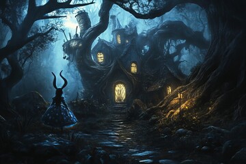 Poster - Enchanted Forest Scene with Mystical House and Strange Figure