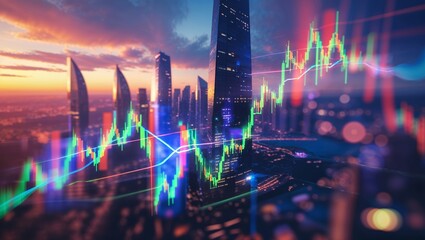 Poster - City skyline with digital stock market graph overlay at dusk in urban setting