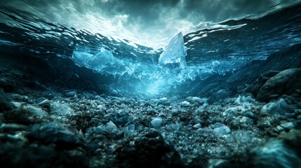 Aufkleber - Dynamic underwater scene ocean depths nature photography dark water environment wide angle view fluid movement concept
