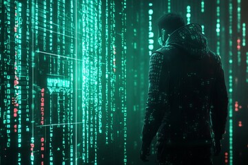 Poster - Mysterious Figure in Futuristic Digital Environment with Code Rain
