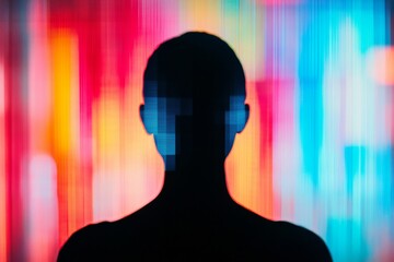 Poster - Silhouette of a Person Against a Colorful Abstract Light Background with Neon Patterns