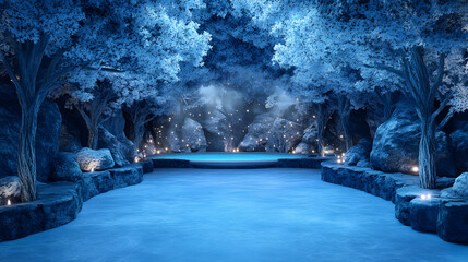 Poster - A serene, icy landscape with glowing lights, surrounded by frosty trees and a tranquil water body, creating a mystical atmosphere