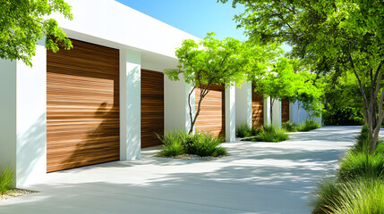 Aufkleber - A modern driveway flanked by lush greenery and stylish wooden garage doors, creating a serene and inviting atmosphere