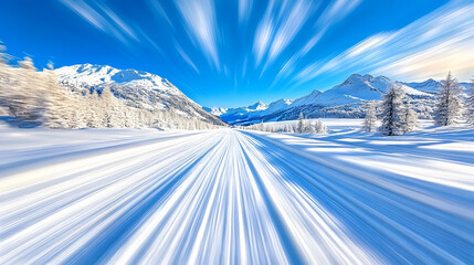 Poster - A stunning winter landscape with a snow-covered road, flanked by majestic mountains under a bright blue sky