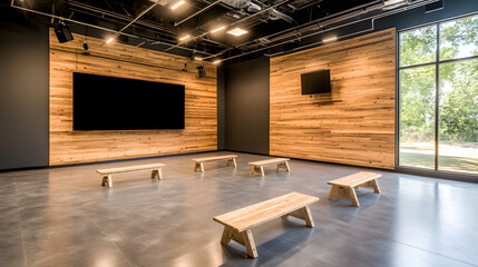 Poster - A modern, minimalist room featuring wooden benches, large screens, and ample natural light, perfect for meetings or collaborative work