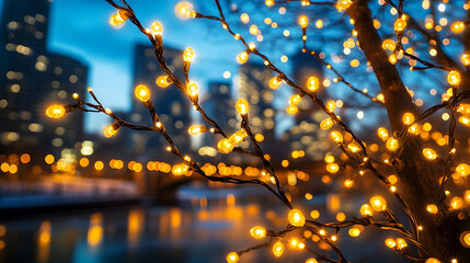 Poster - A close-up of a tree adorned with glowing lights against a blurred cityscape at dusk, creating a magical and festive atmosphere