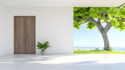 Poster - A modern interior featuring a wooden door and a view of a vibrant tree and landscape through a wall