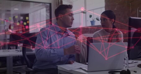 Poster - Discussing work, business professionals with network connections animation overlay in office