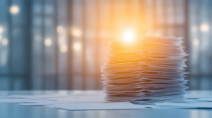 Aufkleber - A stack of paper illuminated by a soft light, creating a tranquil office atmosphere with blurred backgrounds