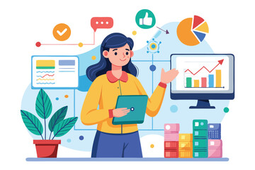 Poster - A young girl is engaged in planning and scheduling tasks, reviewing data on her computer, and staying organized, Planning and scheduling, Young girl conduct marketing research