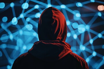 Poster - Mysterious Figure in Red Hoodie Against Blue Digital Network Background