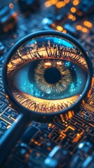 Poster - Close-Up of Human Eye with Magnifying Glass and Circuit Board Background
