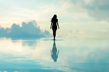 Poster - Serene Silhouette of a Woman Walking on Calm Water Under Clouds