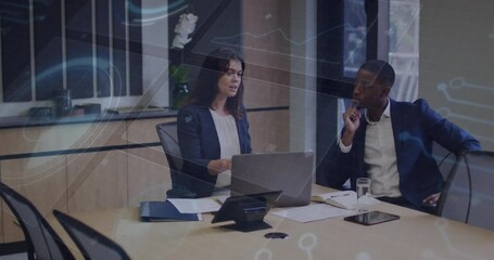 Poster - Discussing data analysis, business professionals in office with digital network animation