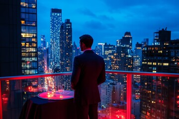 Poster - A man in a suit stands on a balcony overlooking a city at night
