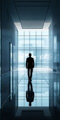 Poster - A man is walking down a hallway with a reflection of himself in the mirror