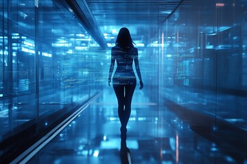 Poster - A woman is walking through a large, empty room with blue walls