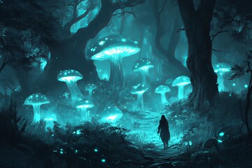 Poster - Enchanted Forest with Glowing Mushrooms and Mysterious Figure