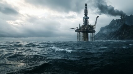 Aufkleber - Offshore drilling rig operations in stormy ocean industrial landscape realistic viewpoint environmental impact
