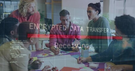 Poster - Diverse team collaborating at office with encrypted data transfer animation overlay