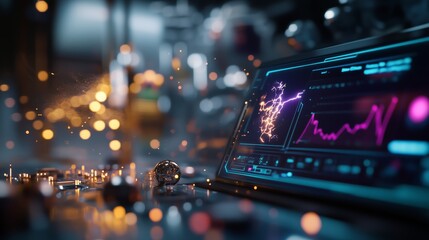 Poster - Digital display showing data analysis and electric signals in a futuristic laboratory setting at night