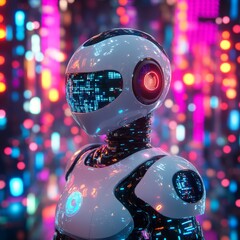 Poster - Futuristic Robot with Neon Lights in a Cyberpunk Cityscape Background