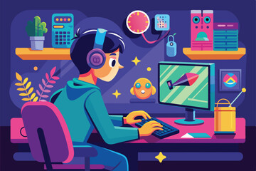 Poster - a young individual enjoys gaming on their computer in a colorful and cozy workspace filled with deco
