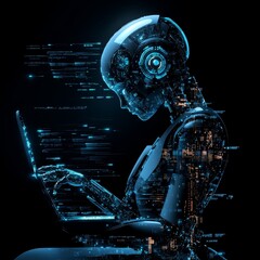 Poster - Futuristic Robot Working on Laptop with Digital Data Flow Effect