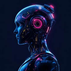 Poster - Futuristic Robot Head with Neon Lights and Digital Circuitry Design